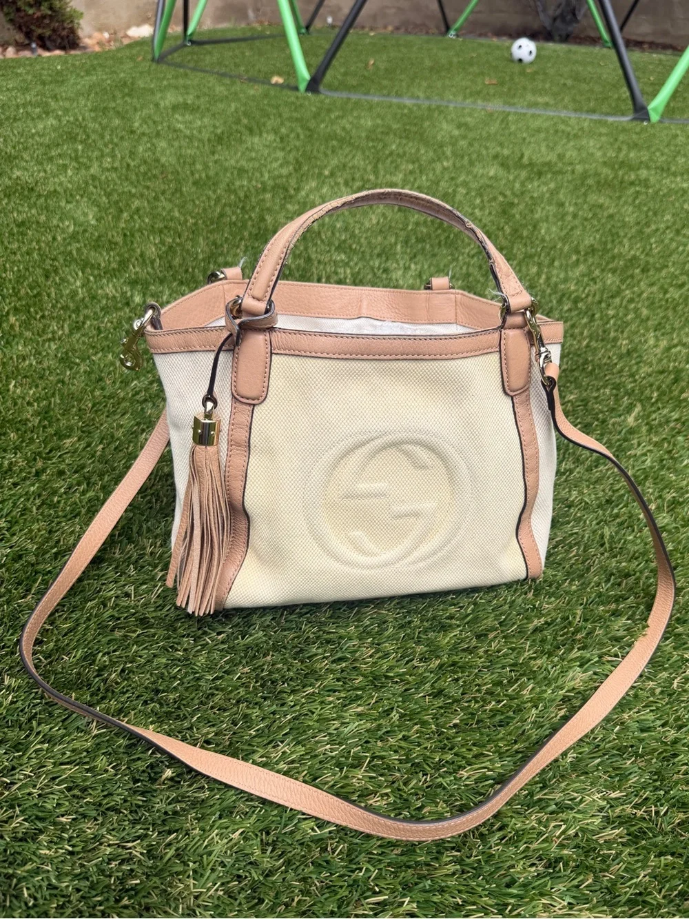 GUCCI Cellarius Soho GG Canvas & Leather Tote with Tassel - Picture 1 of 5